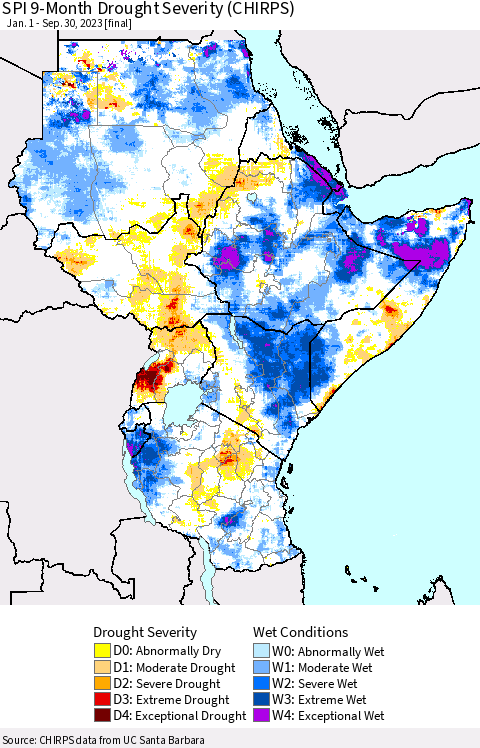 Eastern Africa SPI 9-Month Drought Severity (CHIRPS) Thematic Map For 1/1/2023 - 9/30/2023
