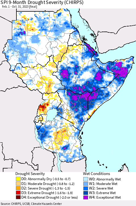 Eastern Africa SPI 9-Month Drought Severity (CHIRPS) Thematic Map For 2/1/2023 - 10/31/2023