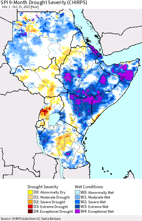 Eastern Africa SPI 9-Month Drought Severity (CHIRPS) Thematic Map For 2/1/2023 - 10/31/2023