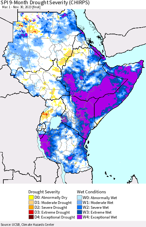 Eastern Africa SPI 9-Month Drought Severity (CHIRPS) Thematic Map For 3/1/2023 - 11/30/2023