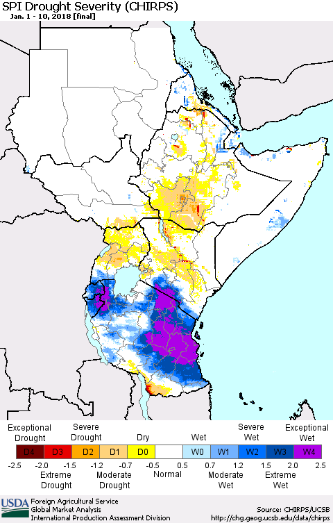Eastern Africa SPI Drought Severity (CHIRPS) Thematic Map For 1/1/2018 - 1/10/2018