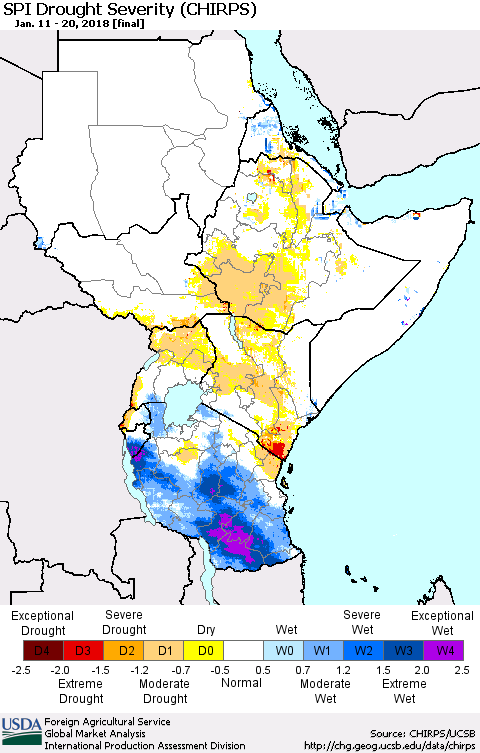 Eastern Africa SPI Drought Severity (CHIRPS) Thematic Map For 1/11/2018 - 1/20/2018