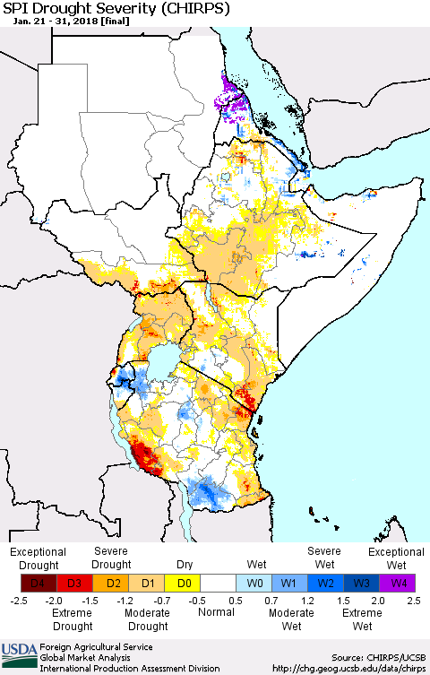 Eastern Africa SPI Drought Severity (CHIRPS) Thematic Map For 1/21/2018 - 1/31/2018