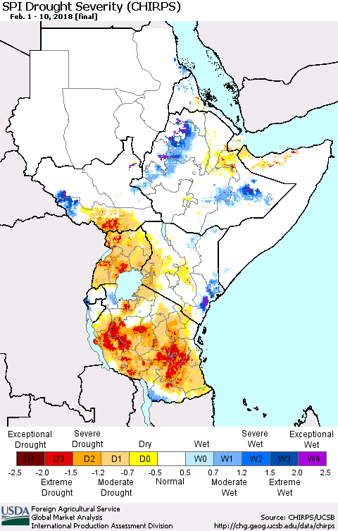 Eastern Africa SPI Drought Severity (CHIRPS) Thematic Map For 2/1/2018 - 2/10/2018