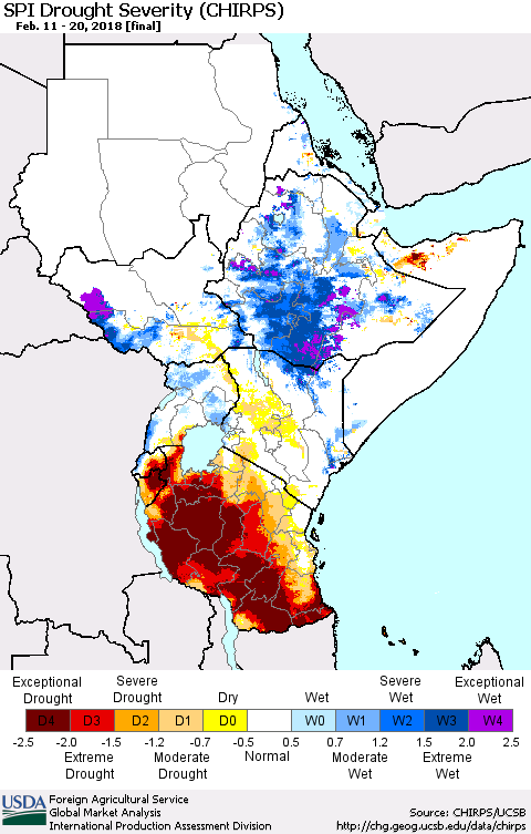 Eastern Africa SPI Drought Severity (CHIRPS) Thematic Map For 2/11/2018 - 2/20/2018