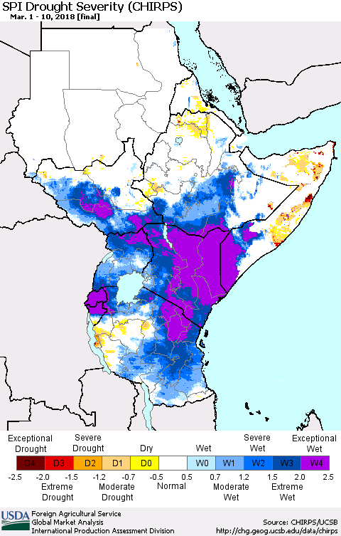 Eastern Africa SPI Drought Severity (CHIRPS) Thematic Map For 3/1/2018 - 3/10/2018