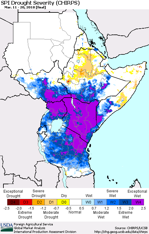 Eastern Africa SPI Drought Severity (CHIRPS) Thematic Map For 3/11/2018 - 3/20/2018