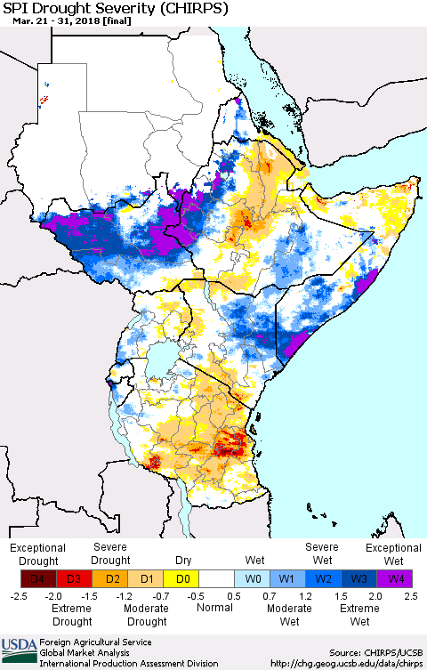 Eastern Africa SPI Drought Severity (CHIRPS) Thematic Map For 3/21/2018 - 3/31/2018