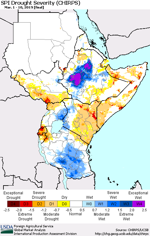 Eastern Africa SPI Drought Severity (CHIRPS) Thematic Map For 3/1/2019 - 3/10/2019