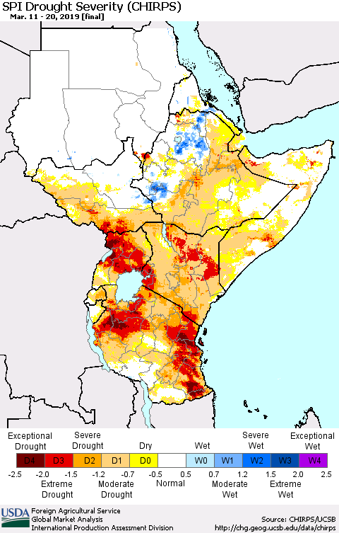 Eastern Africa SPI Drought Severity (CHIRPS) Thematic Map For 3/11/2019 - 3/20/2019