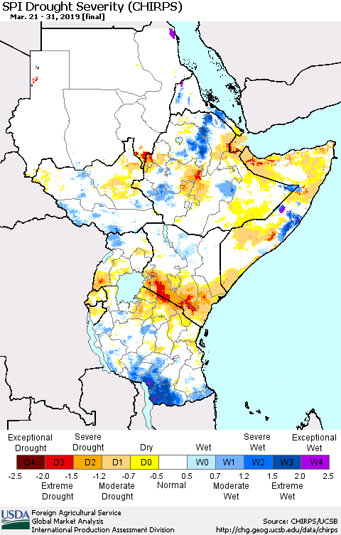 Eastern Africa SPI Drought Severity (CHIRPS) Thematic Map For 3/21/2019 - 3/31/2019
