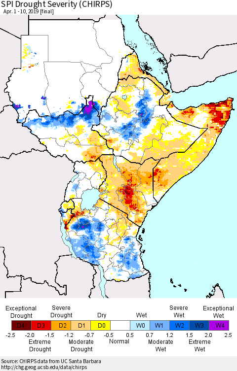 Eastern Africa SPI Drought Severity (CHIRPS) Thematic Map For 4/1/2019 - 4/10/2019