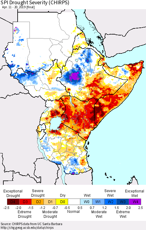 Eastern Africa SPI Drought Severity (CHIRPS) Thematic Map For 4/11/2019 - 4/20/2019
