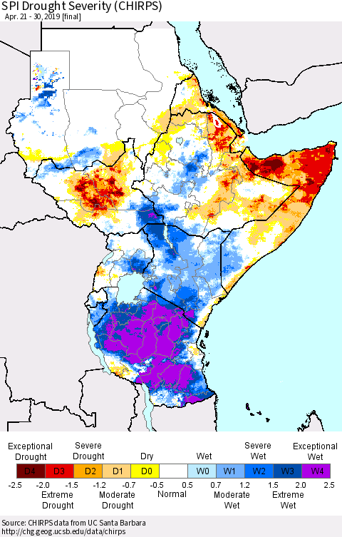 Eastern Africa SPI Drought Severity (CHIRPS) Thematic Map For 4/21/2019 - 4/30/2019