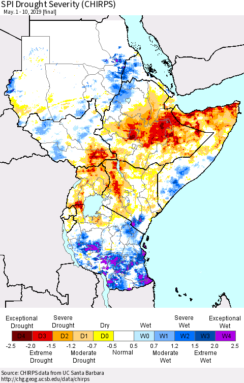 Eastern Africa SPI Drought Severity (CHIRPS) Thematic Map For 5/1/2019 - 5/10/2019
