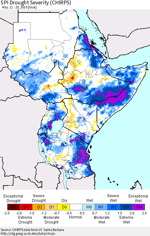 Eastern Africa SPI Drought Severity (CHIRPS) Thematic Map For 5/11/2019 - 5/20/2019