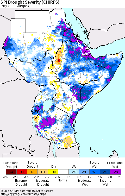 Eastern Africa SPI Drought Severity (CHIRPS) Thematic Map For 5/21/2019 - 5/31/2019