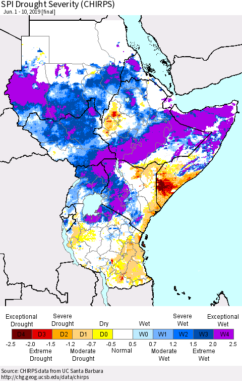 Eastern Africa SPI Drought Severity (CHIRPS) Thematic Map For 6/1/2019 - 6/10/2019