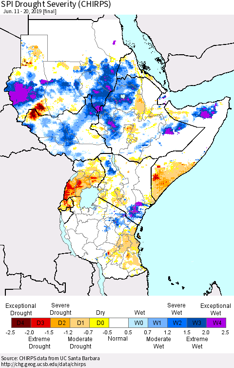 Eastern Africa SPI Drought Severity (CHIRPS) Thematic Map For 6/11/2019 - 6/20/2019