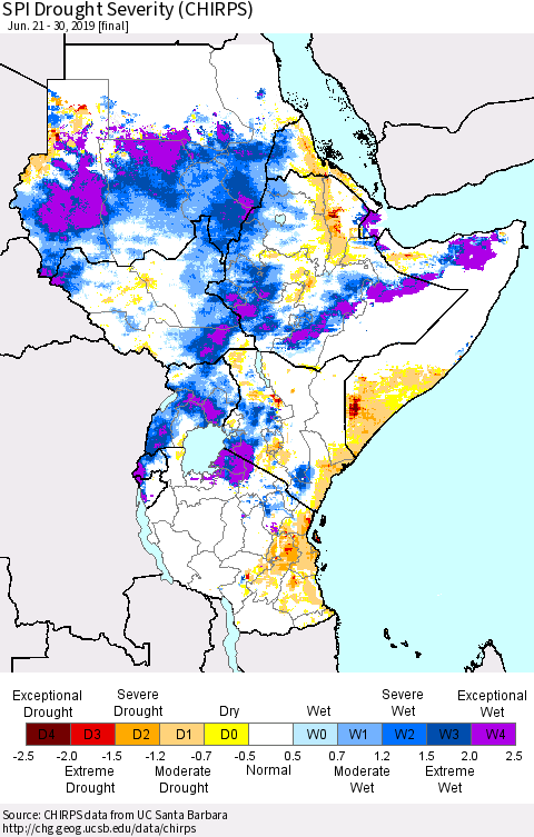 Eastern Africa SPI Drought Severity (CHIRPS) Thematic Map For 6/21/2019 - 6/30/2019