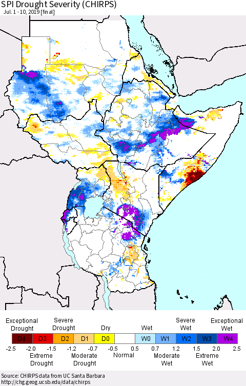 Eastern Africa SPI Drought Severity (CHIRPS) Thematic Map For 7/1/2019 - 7/10/2019
