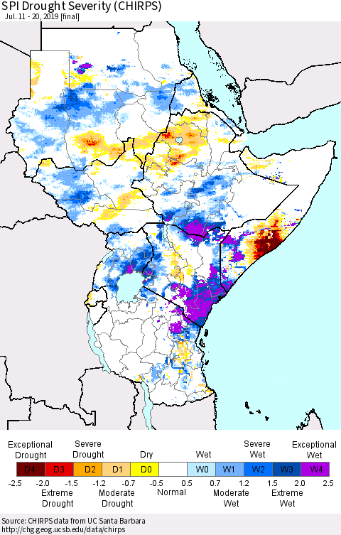 Eastern Africa SPI Drought Severity (CHIRPS) Thematic Map For 7/11/2019 - 7/20/2019