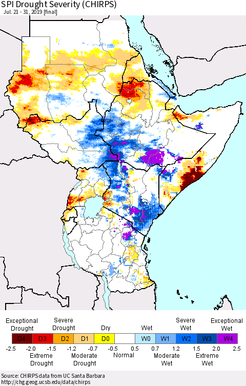 Eastern Africa SPI Drought Severity (CHIRPS) Thematic Map For 7/21/2019 - 7/31/2019