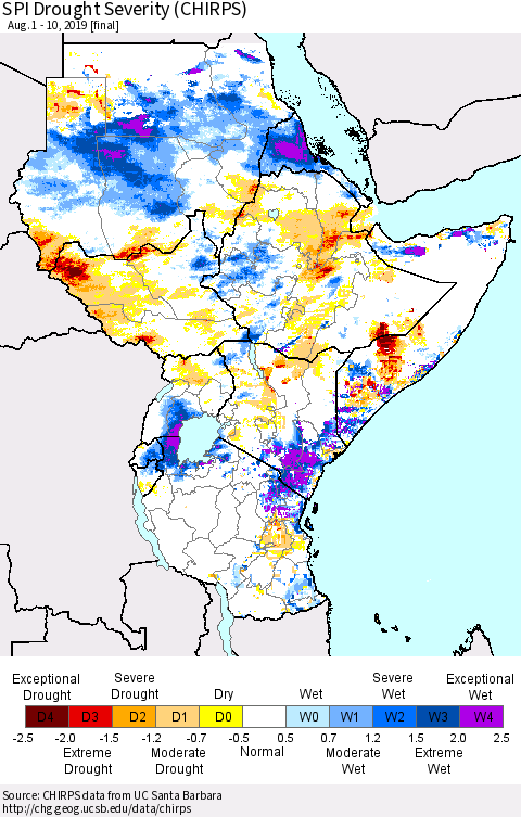 Eastern Africa SPI Drought Severity (CHIRPS) Thematic Map For 8/1/2019 - 8/10/2019