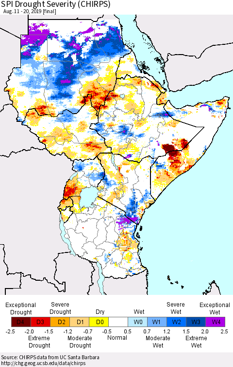 Eastern Africa SPI Drought Severity (CHIRPS) Thematic Map For 8/11/2019 - 8/20/2019
