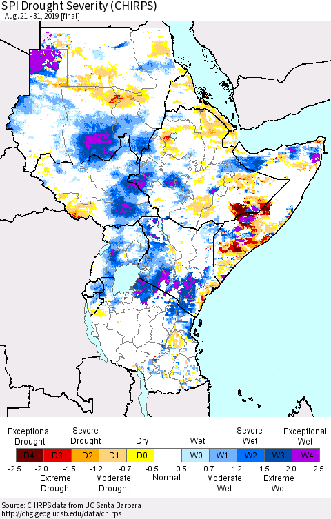 Eastern Africa SPI Drought Severity (CHIRPS) Thematic Map For 8/21/2019 - 8/31/2019