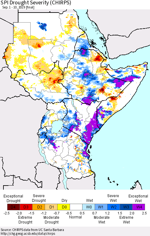 Eastern Africa SPI Drought Severity (CHIRPS) Thematic Map For 9/1/2019 - 9/10/2019