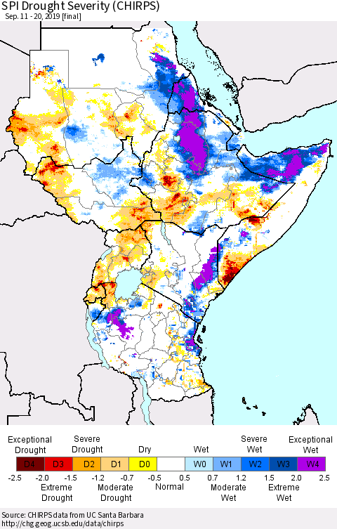 Eastern Africa SPI Drought Severity (CHIRPS) Thematic Map For 9/11/2019 - 9/20/2019