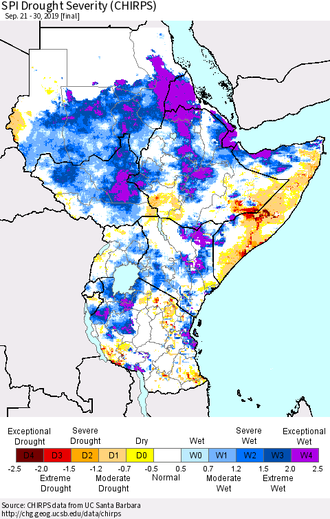 Eastern Africa SPI Drought Severity (CHIRPS) Thematic Map For 9/21/2019 - 9/30/2019
