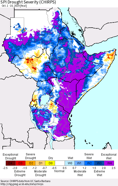 Eastern Africa SPI Drought Severity (CHIRPS) Thematic Map For 10/1/2019 - 10/10/2019