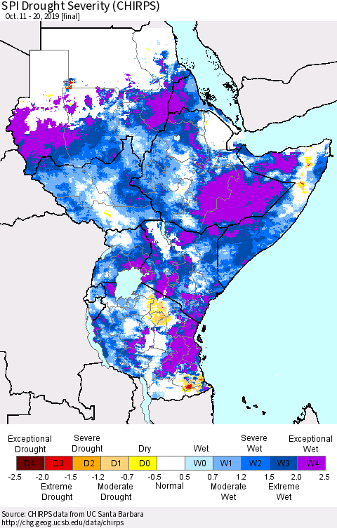 Eastern Africa SPI Drought Severity (CHIRPS) Thematic Map For 10/11/2019 - 10/20/2019