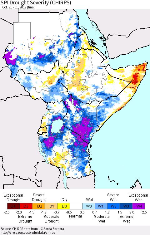 Eastern Africa SPI Drought Severity (CHIRPS) Thematic Map For 10/21/2019 - 10/31/2019