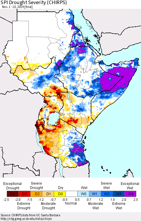 Eastern Africa SPI Drought Severity (CHIRPS) Thematic Map For 11/1/2019 - 11/10/2019