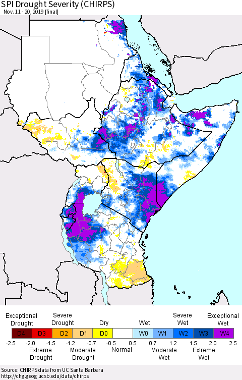 Eastern Africa SPI Drought Severity (CHIRPS) Thematic Map For 11/11/2019 - 11/20/2019