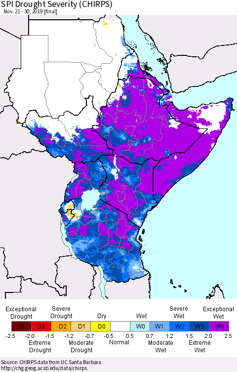 Eastern Africa SPI Drought Severity (CHIRPS) Thematic Map For 11/21/2019 - 11/30/2019