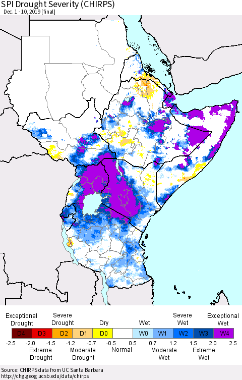 Eastern Africa SPI Drought Severity (CHIRPS) Thematic Map For 12/1/2019 - 12/10/2019