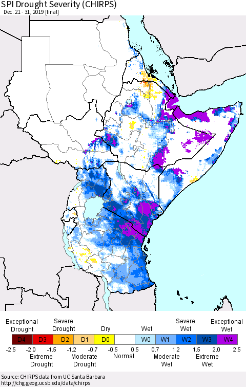 Eastern Africa SPI Drought Severity (CHIRPS) Thematic Map For 12/21/2019 - 12/31/2019