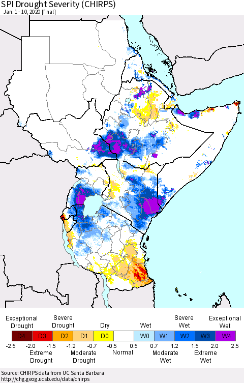 Eastern Africa SPI Drought Severity (CHIRPS) Thematic Map For 1/1/2020 - 1/10/2020