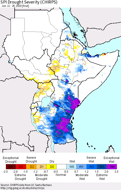 Eastern Africa SPI Drought Severity (CHIRPS) Thematic Map For 1/11/2020 - 1/20/2020