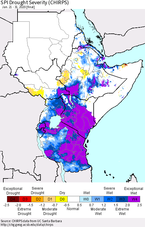 Eastern Africa SPI Drought Severity (CHIRPS) Thematic Map For 1/21/2020 - 1/31/2020