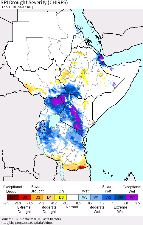 Eastern Africa SPI Drought Severity (CHIRPS) Thematic Map For 2/1/2020 - 2/10/2020