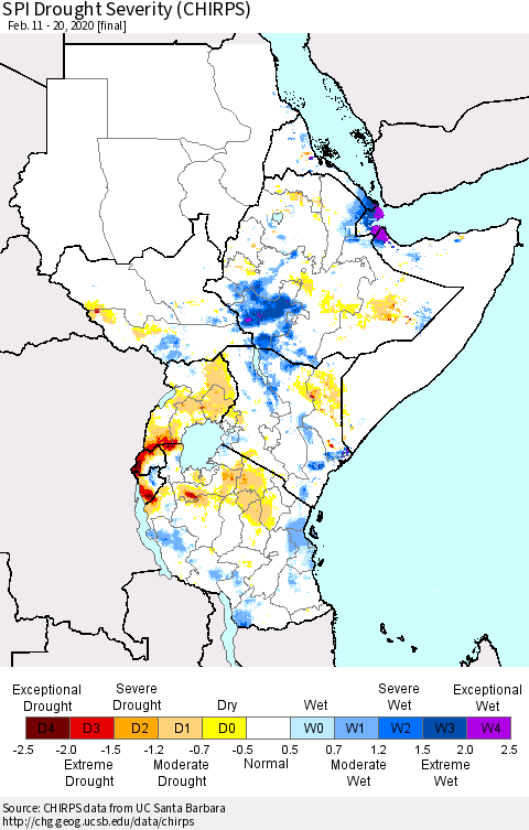 Eastern Africa SPI Drought Severity (CHIRPS) Thematic Map For 2/11/2020 - 2/20/2020