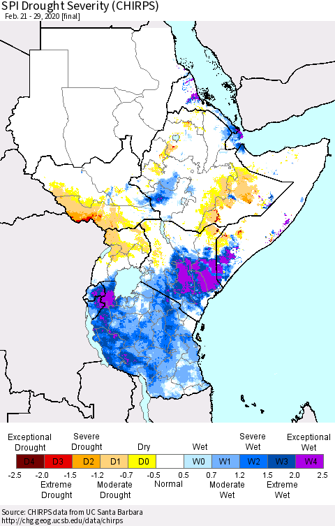 Eastern Africa SPI Drought Severity (CHIRPS) Thematic Map For 2/21/2020 - 2/29/2020
