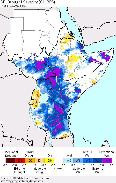 Eastern Africa SPI Drought Severity (CHIRPS) Thematic Map For 3/1/2020 - 3/10/2020