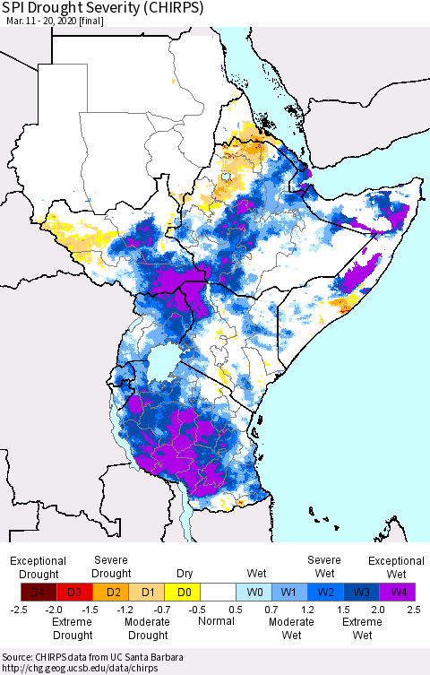 Eastern Africa SPI Drought Severity (CHIRPS) Thematic Map For 3/11/2020 - 3/20/2020