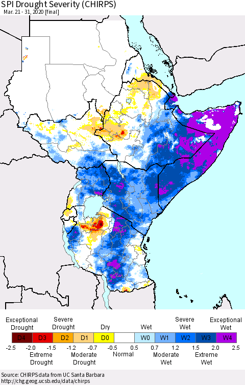 Eastern Africa SPI Drought Severity (CHIRPS) Thematic Map For 3/21/2020 - 3/31/2020